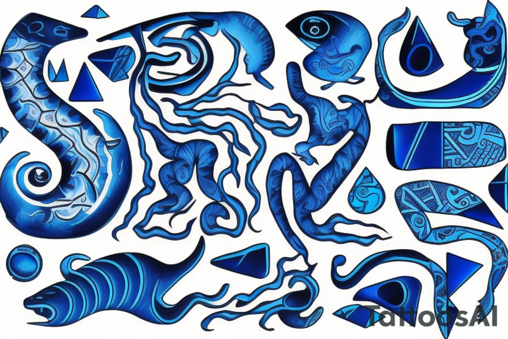 Yin water hieroglyph, all shades of blue, black, water-shaped hieroglyph, tattoo idea