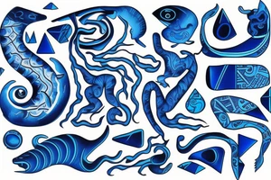 Yin water hieroglyph, all shades of blue, black, water-shaped hieroglyph, tattoo idea