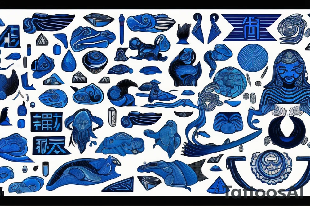 Yin water hieroglyph, all shades of blue, black, water-shaped hieroglyph, tattoo idea