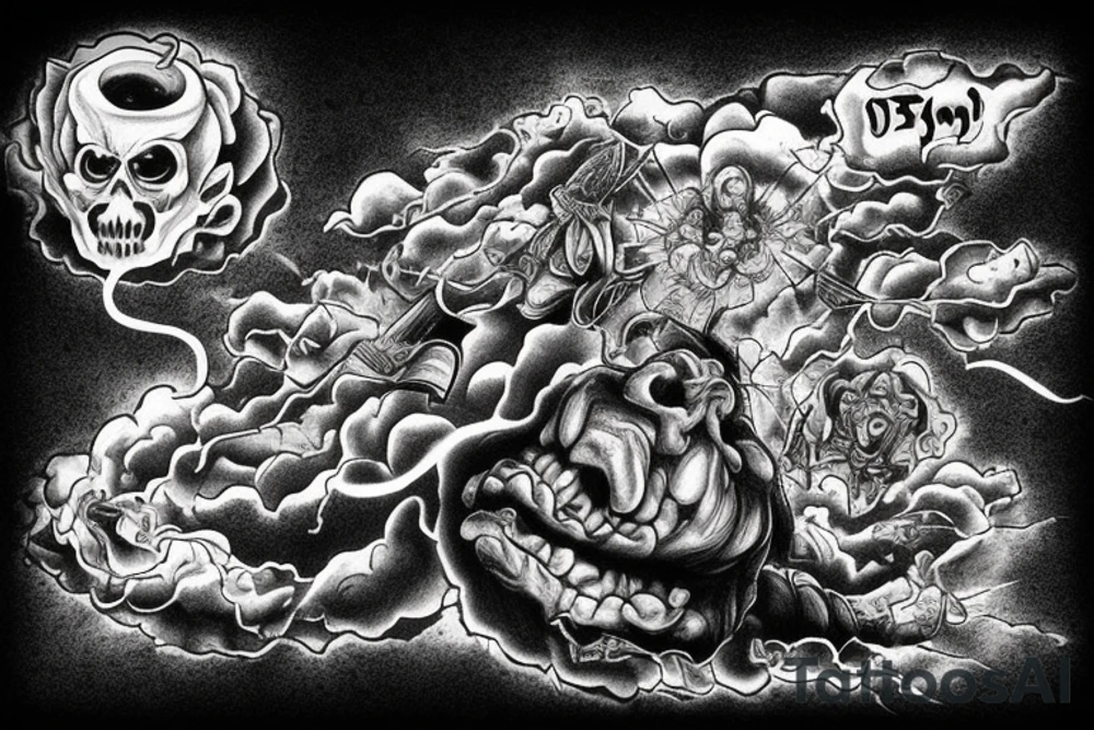 Good Vs evil flying above in battle. A man walking a cobblestone path underneath with hell bubbling over. Pearly gates of heaven await tattoo idea