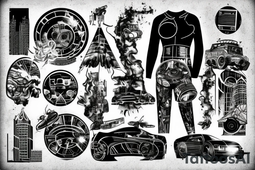 A galaxy skyline, dystopian roadway, end of the world tattoo idea