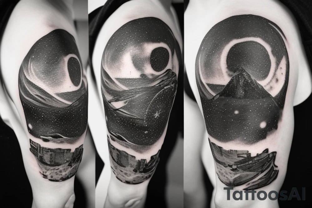 A galaxy skyline, dystopian roadway, end of the world tattoo idea