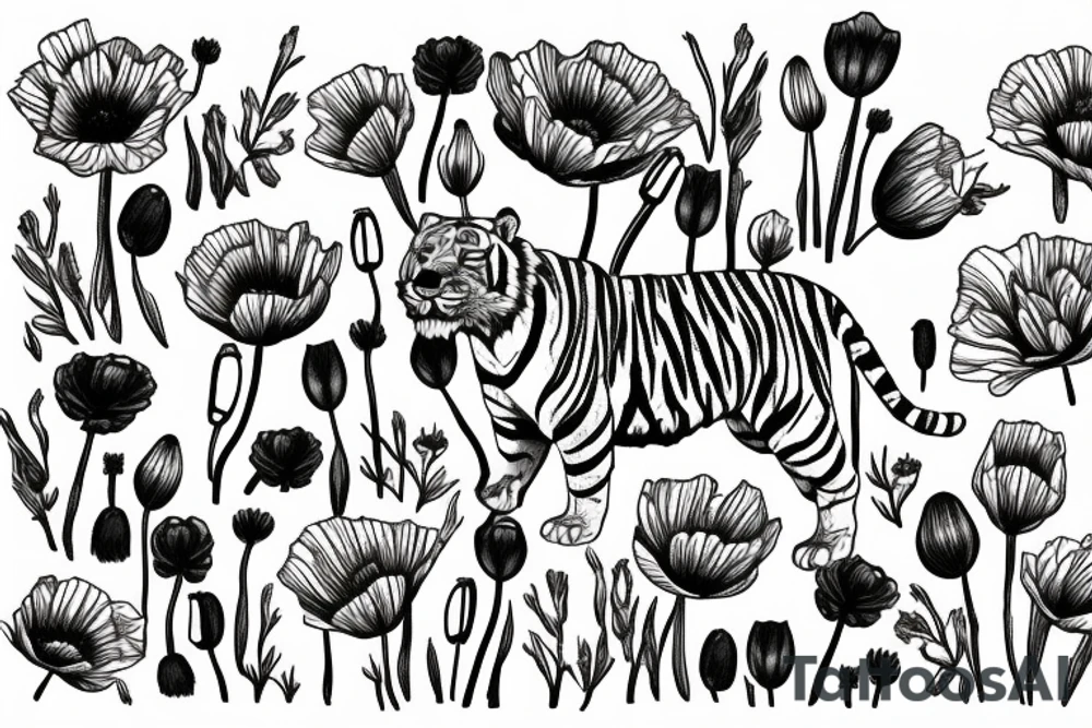 Tiger surrounded by poppy flowers aswell as lily pad flowers and larkspur flowers tattoo idea