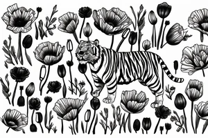 Tiger surrounded by poppy flowers aswell as lily pad flowers and larkspur flowers tattoo idea