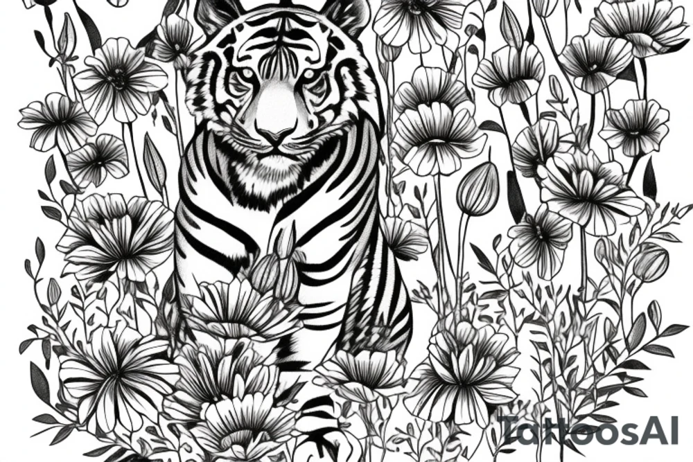 Tiger surrounded by poppy flowers aswell as lily pad flowers and larkspur flowers tattoo idea