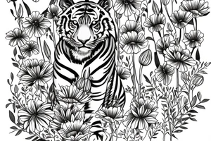 Tiger surrounded by poppy flowers aswell as lily pad flowers and larkspur flowers tattoo idea