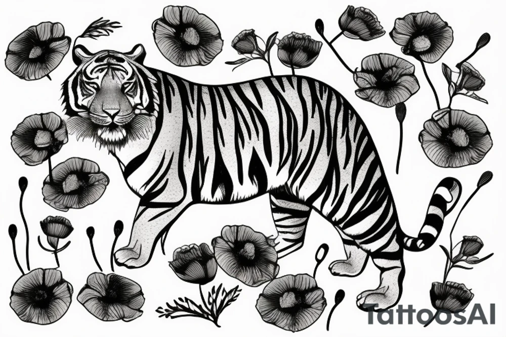 Tiger surrounded by poppy flowers aswell and larkspur flowers tattoo idea