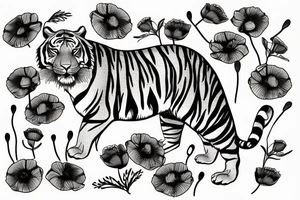 Tiger surrounded by poppy flowers aswell and larkspur flowers tattoo idea