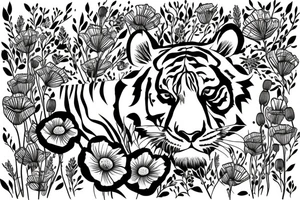 Tiger surrounded by poppy flowers aswell and larkspur flowers tattoo idea