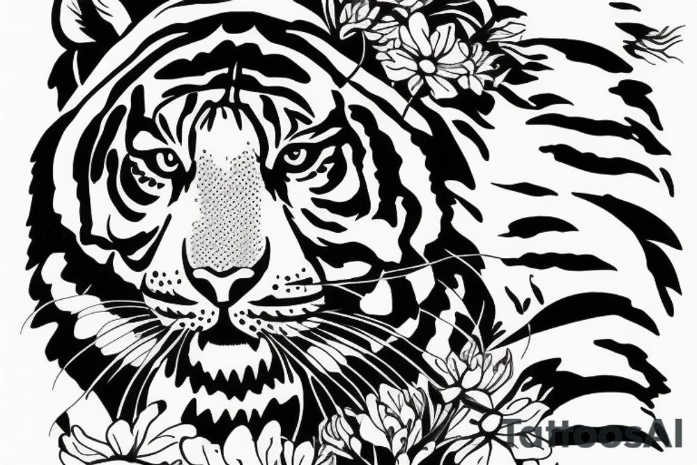 Tiger surrounded coming towards you with poppy flowers and larkspur flowers tattoo idea
