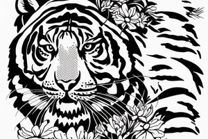 Tiger surrounded coming towards you with poppy flowers and larkspur flowers tattoo idea
