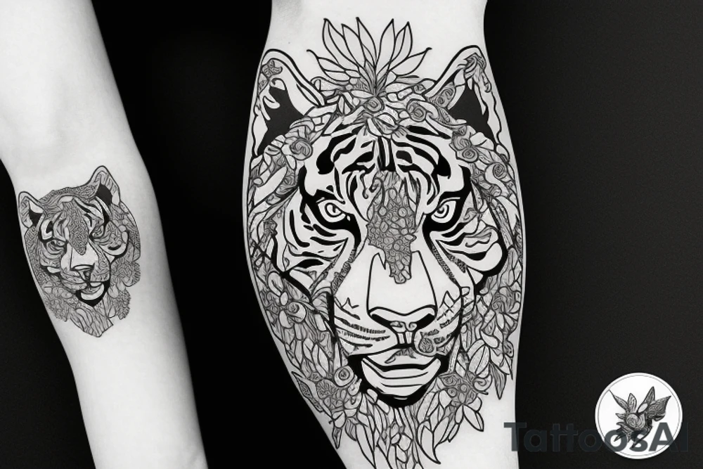 Tiger surrounded coming towards you with poppy flowers and larkspur flowers tattoo idea