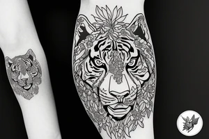 Tiger surrounded coming towards you with poppy flowers and larkspur flowers tattoo idea