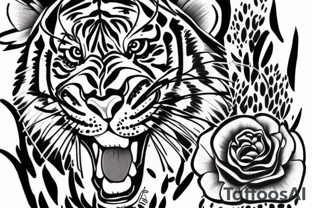 Tiger coming towards you with poppy flowers and larkspur flowers tattoo idea