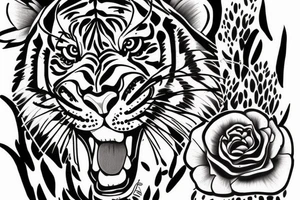 Tiger coming towards you with poppy flowers and larkspur flowers tattoo idea