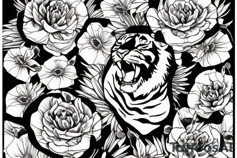 Tiger coming towards you with poppy flowers and larkspur flowers tattoo idea