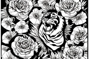 Tiger coming towards you with poppy flowers and larkspur flowers tattoo idea