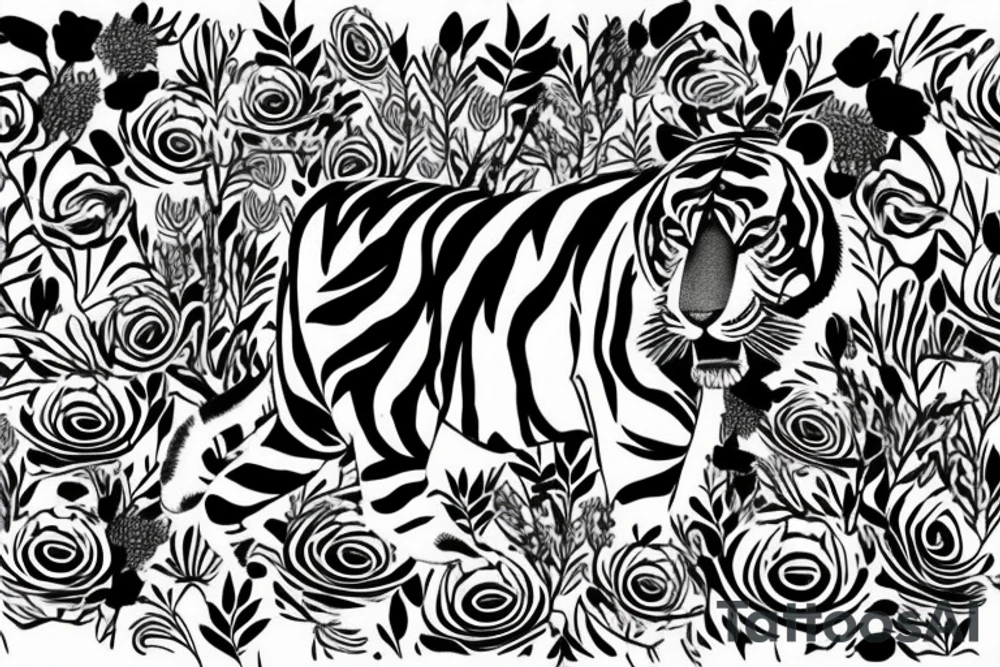 Tiger coming towards you with poppy flowers and larkspur flowers,.make the tiger look like it's moving tattoo idea