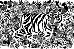 Tiger coming towards you with poppy flowers and larkspur flowers,.make the tiger look like it's moving tattoo idea
