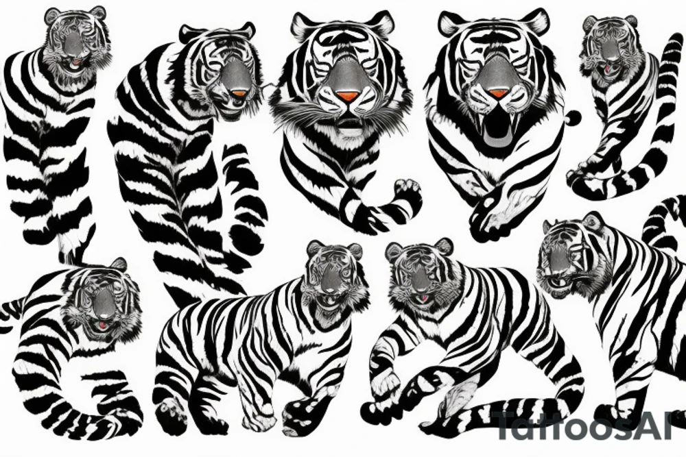 Tiger coming towards you with poppy flowers and larkspur flowers,.make the tiger look like it's moving show tigers full body tattoo idea