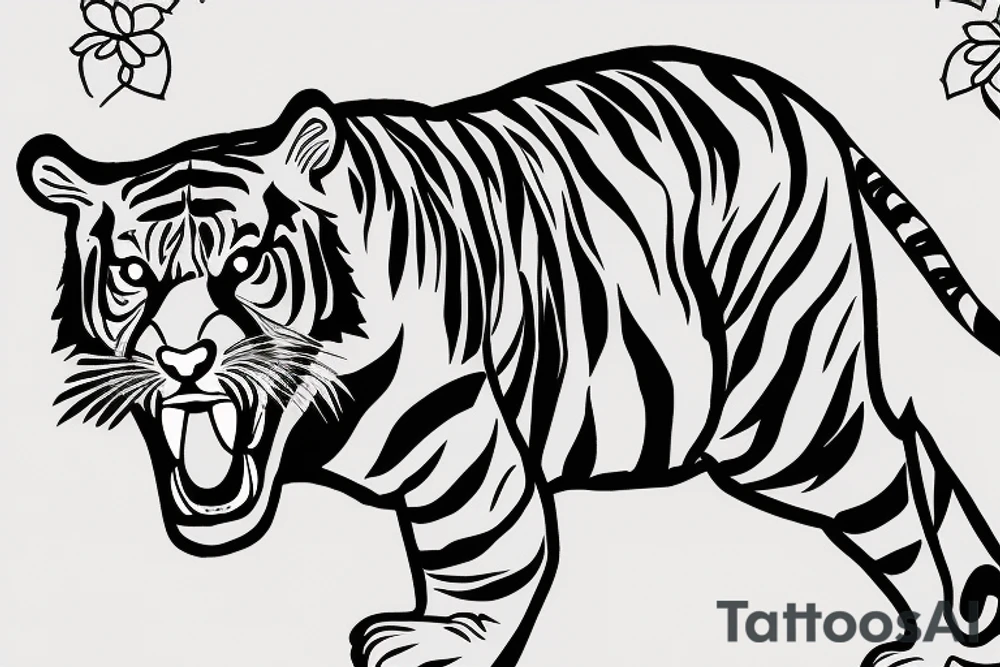 Tiger coming towards you with poppy flowers and larkspur flowers,.make the tiger look like it's moving show tigers full body tattoo idea