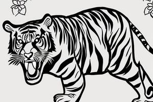 Tiger coming towards you with poppy flowers and larkspur flowers,.make the tiger look like it's moving show tigers full body tattoo idea