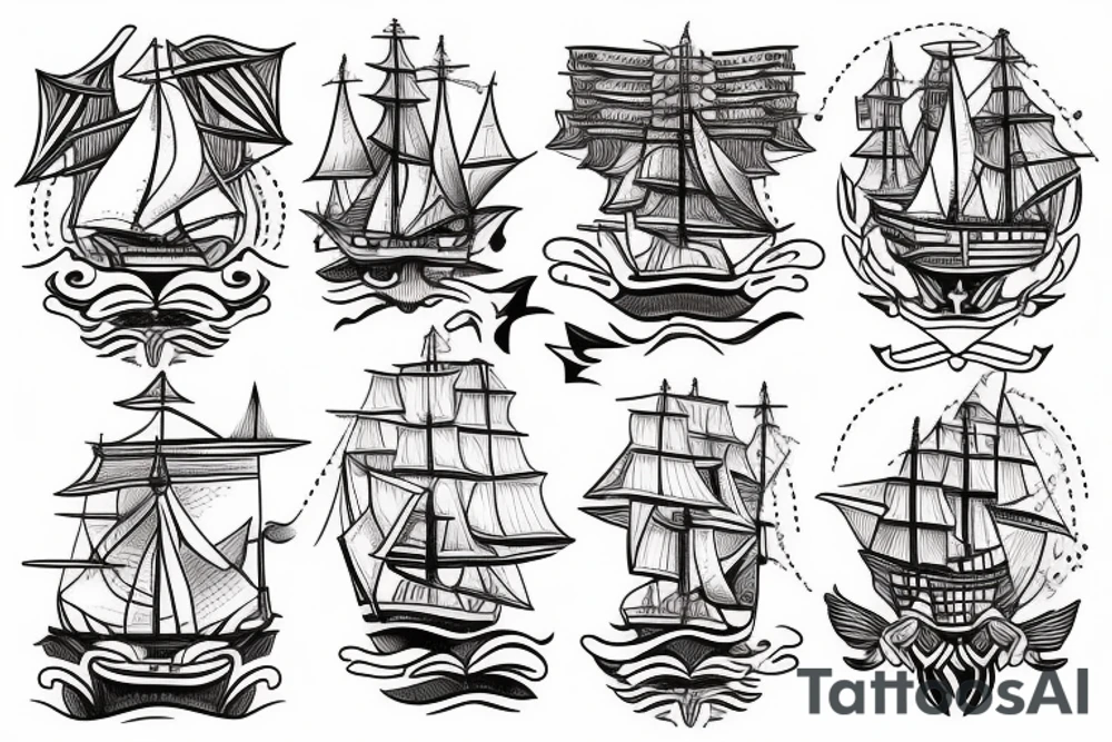little tattoos of ship in old school style tattoo idea