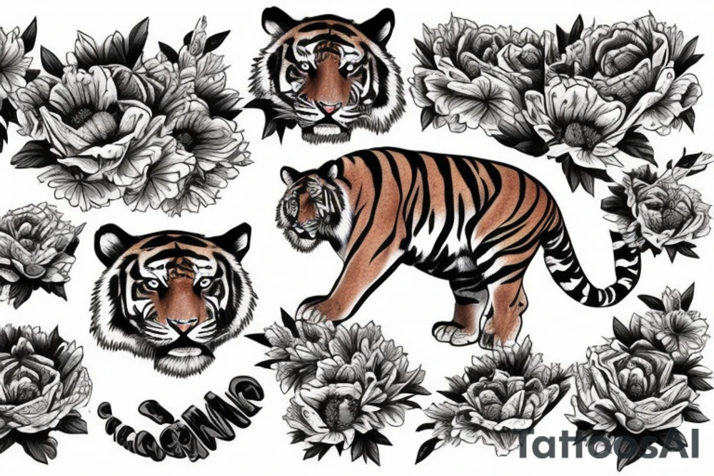 Moving tiger tattoo with poppy flowers and larkspur flowers tattoo idea