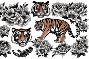 Moving tiger tattoo with poppy flowers and larkspur flowers tattoo idea