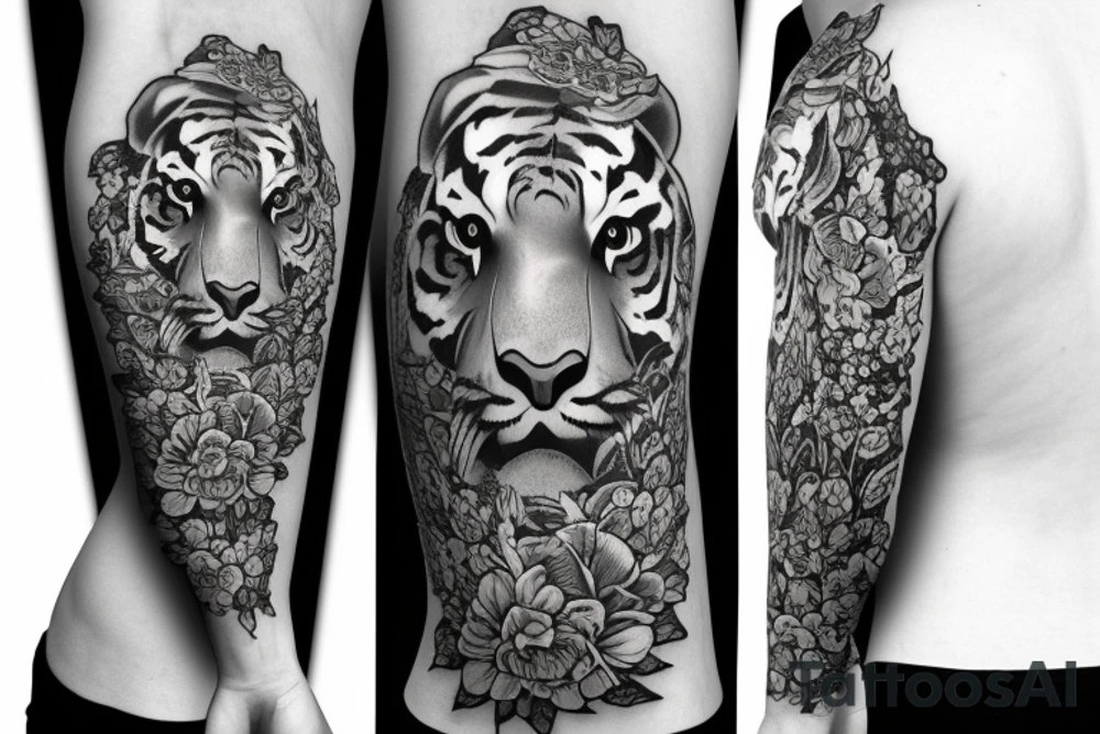 Moving tiger tattoo with poppy flowers and larkspur flowers tattoo idea
