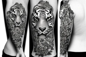Moving tiger tattoo with poppy flowers and larkspur flowers tattoo idea