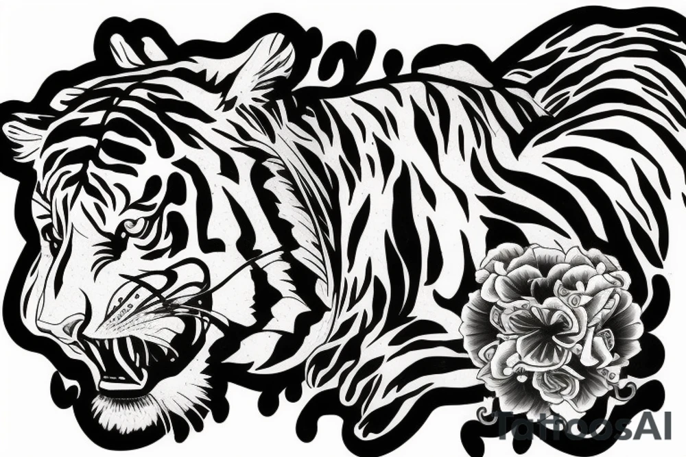 Moving tiger tattoo with poppy flowers and larkspur flowers tattoo idea