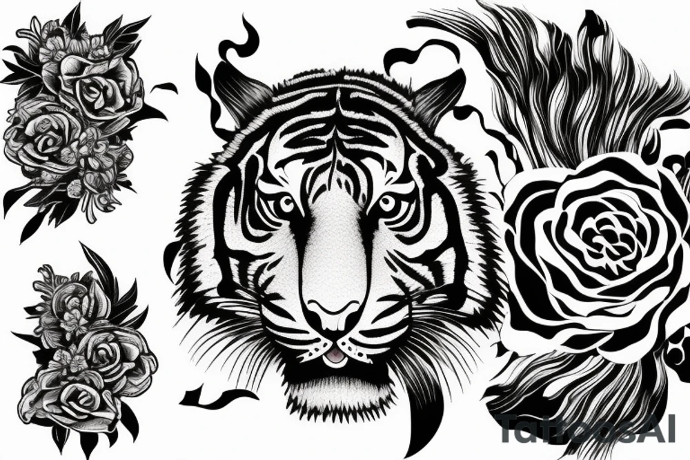 Moving tiger tattoo with poppy flowers and larkspur flowers tattoo idea