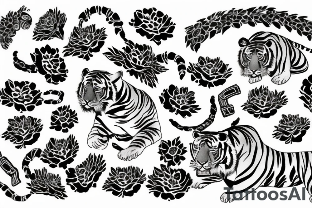Moving tiger tattoo with poppy flowers and larkspur flowers tattoo idea