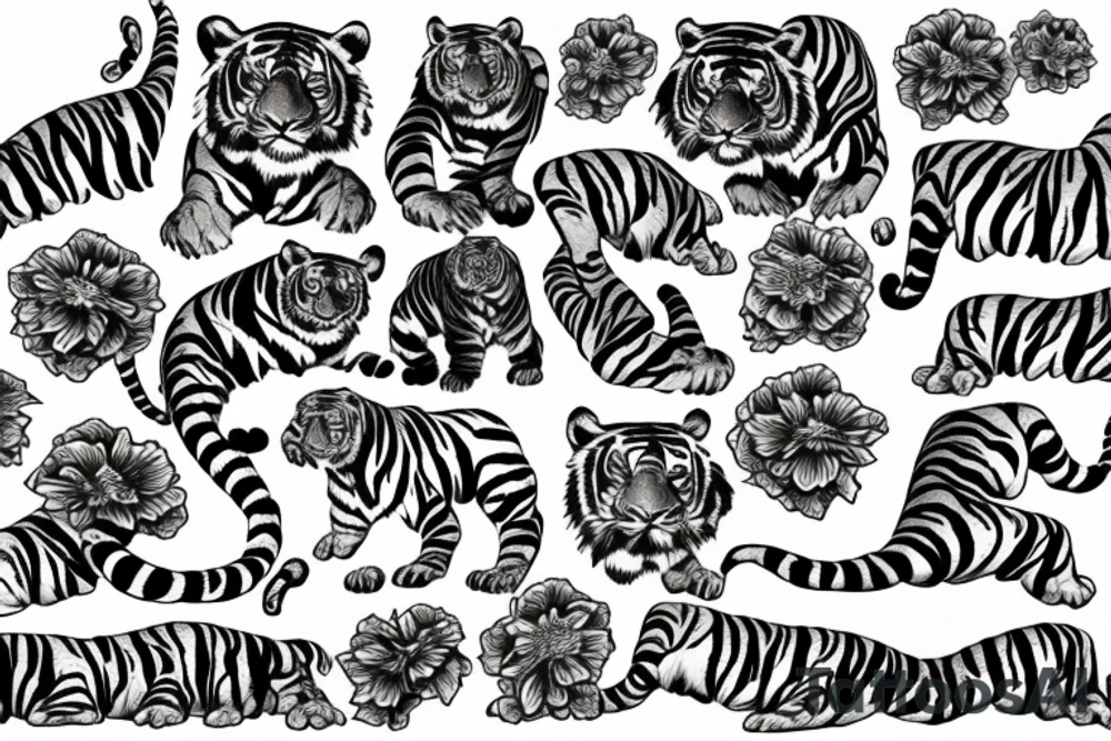 Moving tiger tattoo with poppy flowers and larkspur flowers tattoo idea