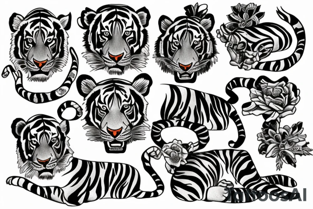 Moving tiger tattoo with poppy flowers and larkspur flowers tattoo idea