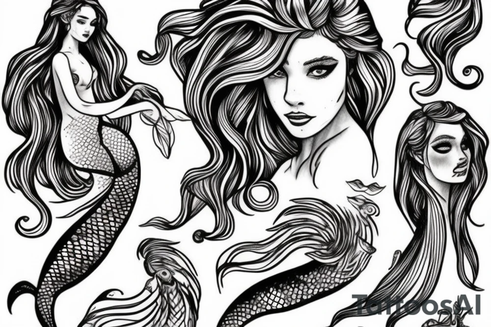 mermaid with flowing hair and tale tattoo idea