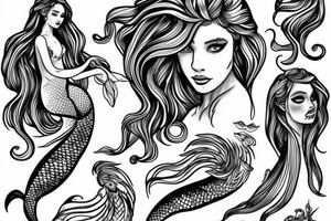 mermaid with flowing hair and tale tattoo idea