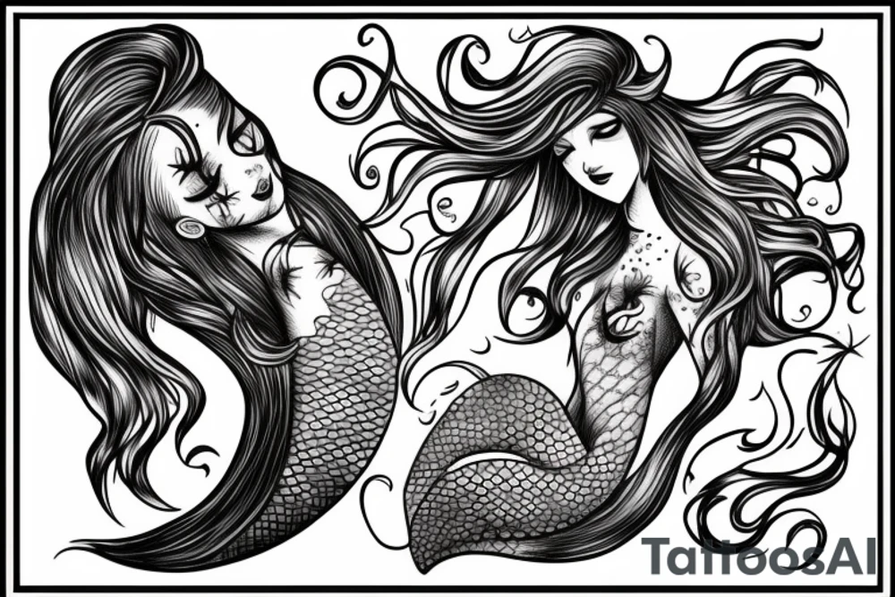 mermaid with flowing hair and tale tattoo idea