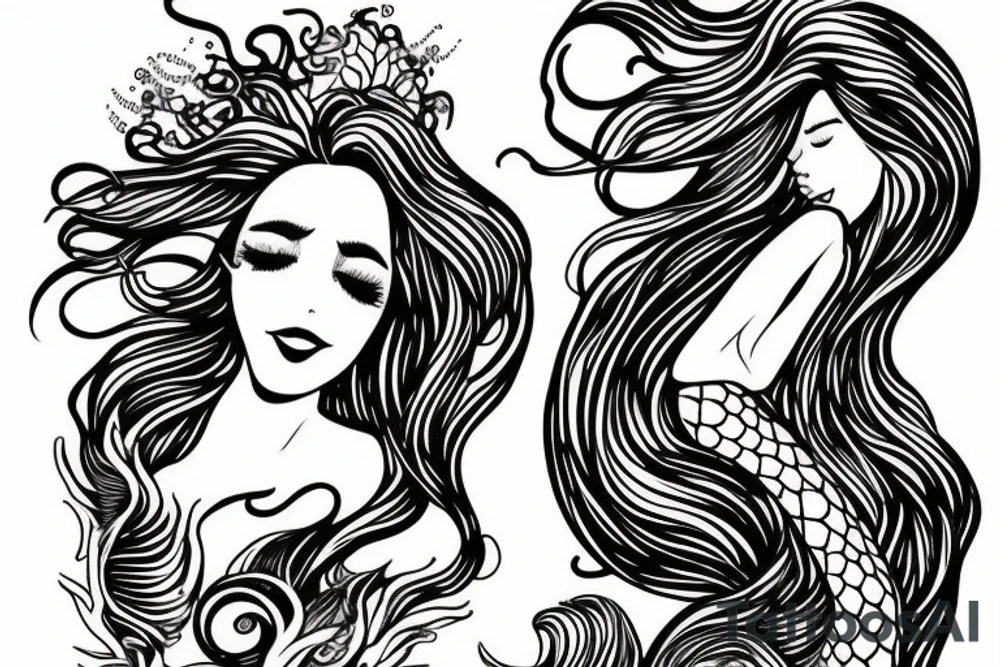 mermaid with flowing hair and tale tattoo idea