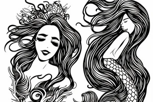 mermaid with flowing hair and tale tattoo idea