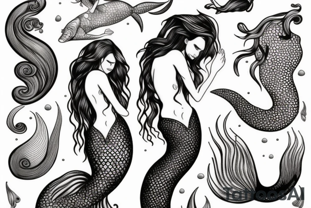 mermaid with flowing hair and tale tattoo idea