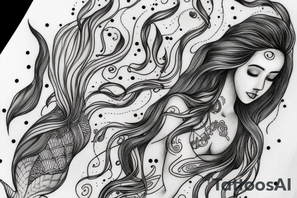 mermaid with flowing hair and tale tattoo idea