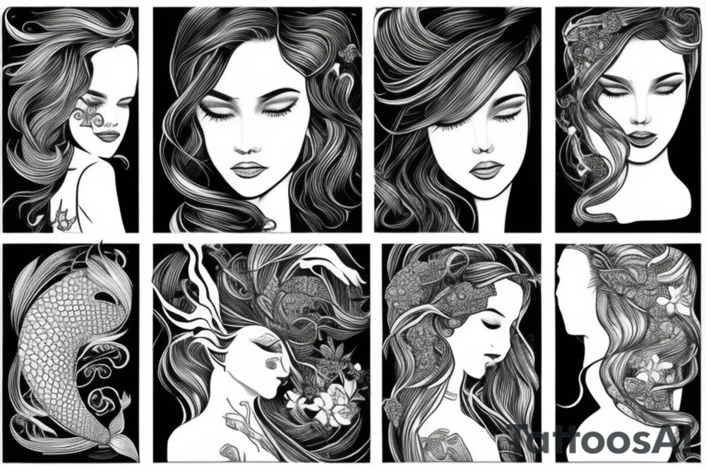 mermaid with flowing hair and tale tattoo idea