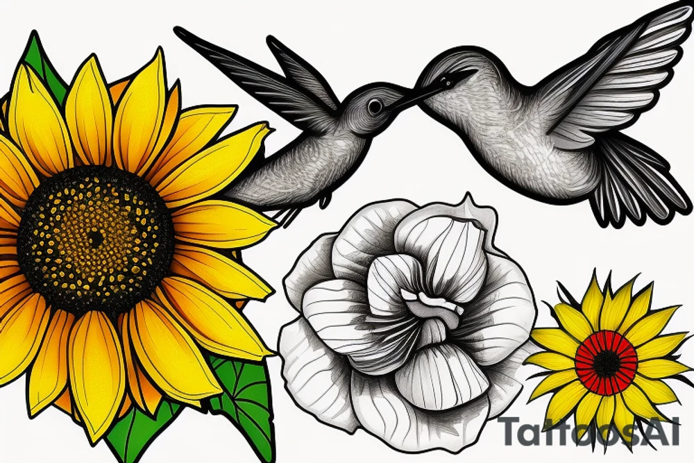 sunflower next to a hibiscus with a hummingbird tattoo idea