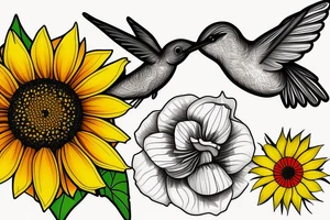 sunflower next to a hibiscus with a hummingbird tattoo idea