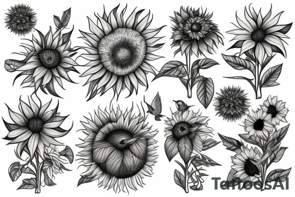 sunflower next to a hibiscus and a hummingbird tattoo idea