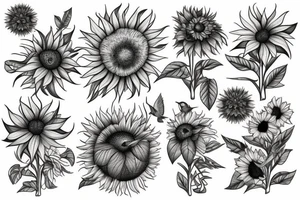 sunflower next to a hibiscus and a hummingbird tattoo idea