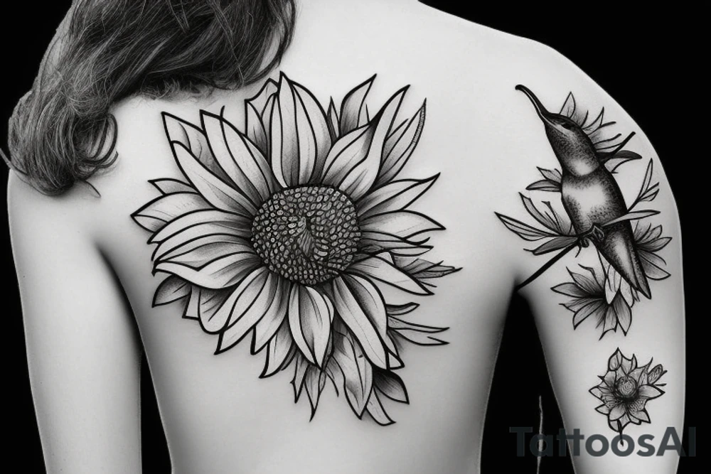 sunflower next to a hibiscus and a hummingbird tattoo idea