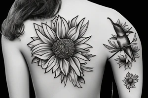 sunflower next to a hibiscus and a hummingbird tattoo idea